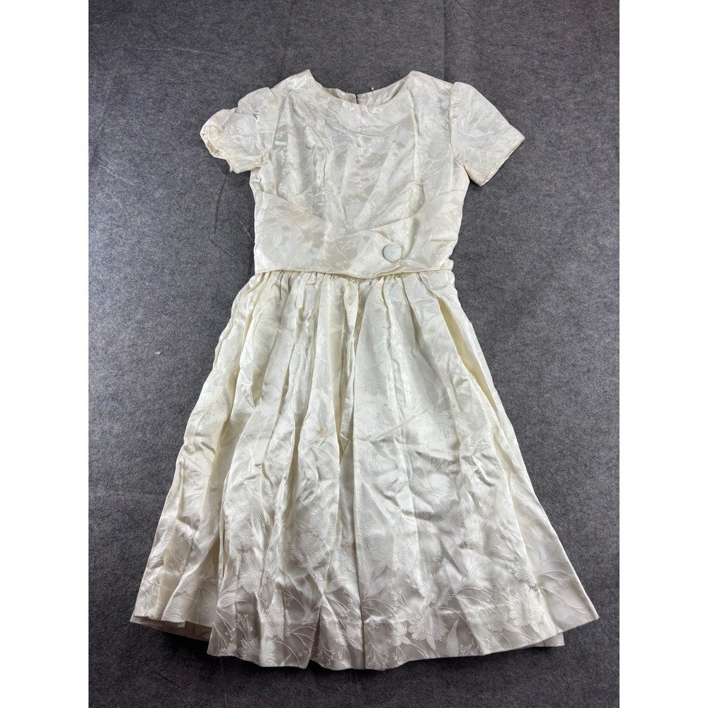VTG Handmade Cream Jacquard Floral Cummerbund Mini Dress XS? Wedding Chic Preppy